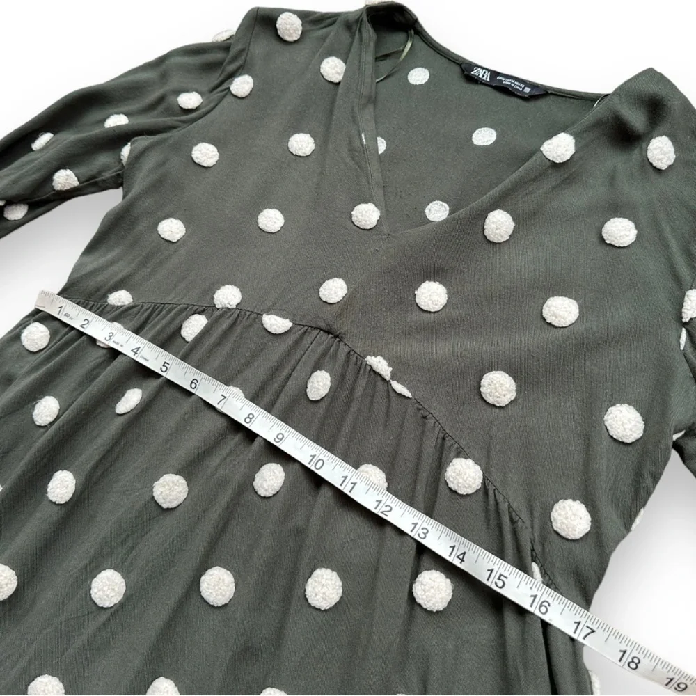 Zara Khaki Green Embroidered Polka Dot Long Sleeve Baby-Doll Dress | Medium - Picture 13 of 14